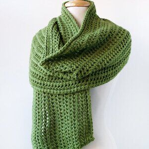 Hand Knit Green Merino Wool, Chunky Lace Scarf / Shawl